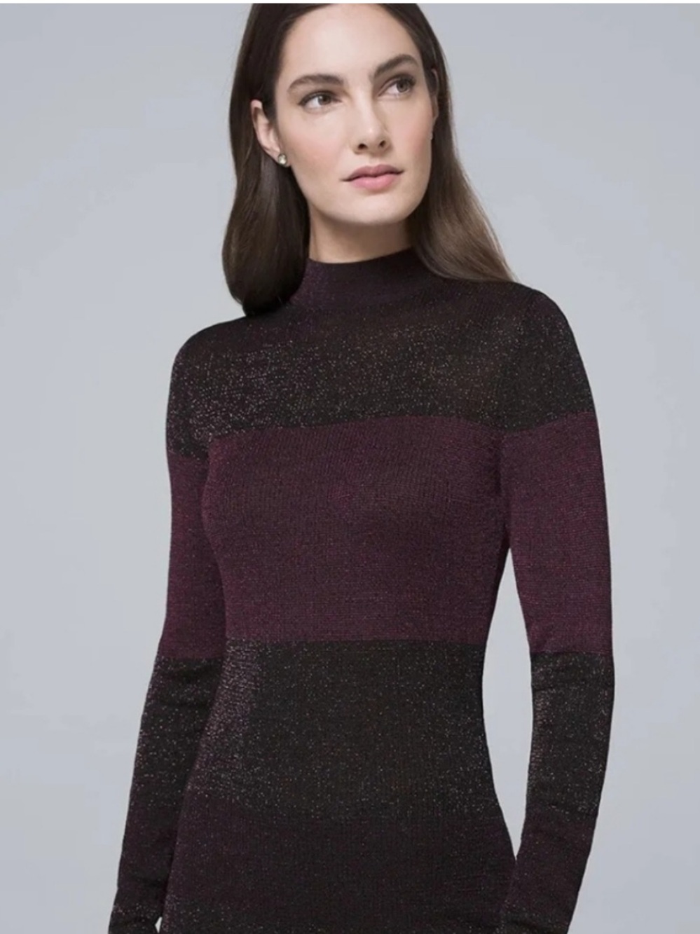 White House Black Market Plum Black Glam Chic Shimmer Stripe Mock Neck Dress
